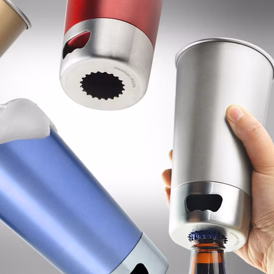 Caneca de parede única com abridor de cerveja, caneca de metal, caneca de cerveja de aço inoxidável, caneca de viagem, caneca de acampamento, caneca de festa, caneca ao ar livre, caneca de presente promocional